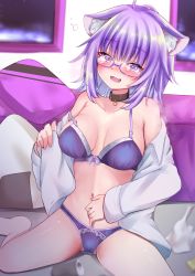 Rule 34 | 1girl, absurdres, ahoge, animal ears, bare shoulders, bed, blush, bra, breasts, cat ears, cat girl, collar, collarbone, dress shirt, fang, glasses, highres, hololive, indoors, kiyosuke r18, large breasts, looking at viewer, medium breasts, navel, nekomata okayu, open clothes, open mouth, open shirt, panties, partially visible vulva, purple eyes, purple hair, shiny skin, shirt, sitting, skin fang, smile, solo, sparkling eyes, strap slip, underwear, virtual youtuber, wariza