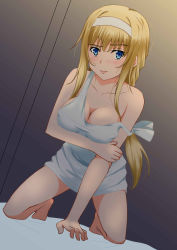 Rule 34 | 1girl, absurdres, alice zuberg, all fours, arm grab, arm support, blonde hair, blue eyes, blush, breasts, cleavage, covered erect nipples, dutch angle, hairband, highres, large breasts, long hair, looking at viewer, nose blush, off shoulder, ribbon, sidelocks, solo, sword art online, teto0315, white hairband, white ribbon