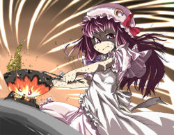 Rule 34 | 1girl, apron, cooking, crescent hat ornament, female focus, fire, flipping food, food, gengorou, hat, hat ornament, long hair, mamemaki, patchouli knowledge, purple eyes, purple hair, shaded face, solo, sweat, touhou, wok