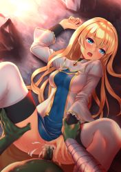 Rule 34 | .357-inch, 10s, 1boy, 1girl, arm grab, bad id, bad pixiv id, blonde hair, blue eyes, blush, boots, breasts, censored, clothes lift, colored skin, covered navel, cum, cum in pussy, dress, dress lift, frilled sleeves, frills, gem, goblin slayer!, green skin, hetero, highres, long hair, lying, medium breasts, mosaic censoring, on back, on floor, open mouth, orc, penis, priestess (goblin slayer!), pussy, rape, rock, rolling eyes, sex, solo focus, spread legs, sweat, tears, teeth, thigh boots, thighhighs