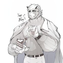 Rule 34 | 0000arts, 1boy, alternate costume, animal ears, arknights, bara, birthday, cake, cake slice, cowboy shot, eating, facial hair, food, furry, furry male, goatee, hands up, happy birthday, highres, holding, holding cake, holding food, male focus, mountain (arknights), muscular, muscular male, pectorals, scar, scar across eye, short hair, sleeveless, sleeveless jacket, smile, solo, sweater, thick eyebrows, tiger boy, tiger ears, white hair, white sweater, white theme