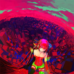 Rule 34 | 1girl, bad id, bad pixiv id, cityscape, colorful, detached sleeves, drill hair, kaninn, kasane teto, red eyes, red hair, skirt, solo, thighhighs, twin drills, twintails, utau, vocaloid