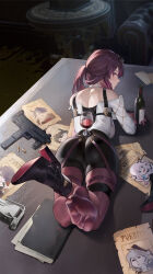 Rule 34 | 1girl, absurdres, alcohol, ass, bottle, cup, drinking glass, feet, folder, gun, highres, honkai: star rail, honkai (series), kafka (honkai: star rail), long hair, looking at viewer, looking back, lying, on stomach, pantyhose, pink eyes, red hair, shoes, unworn shoes, single shoe, soles, toes, weapon, wine, wine bottle, wine glass