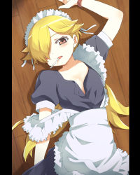 Rule 34 | 1girl, aizawa shouko, apron, arm up, blonde hair, blush, candy, duke (inu daimyou), female focus, floor, food, frills, hair over one eye, jewelpet (series), jewelpet sunshine, lollipop, long hair, looking at viewer, lying, maid, maid apron, maid headdress, mouth hold, on back, on floor, solo, strap slip, unbuttoned, wooden floor, yellow eyes