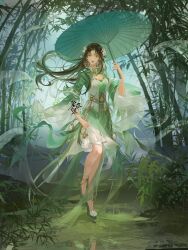 Rule 34 | 1girl, absurdres, anklet, artist request, baiguio (zhu xian), bamboo, bamboo forest, bare legs, bell, brown hair, dress, earrings, facial mark, flower, forehead mark, forest, full body, green dress, hair flower, hair ornament, hair ribbon, highres, holding, holding umbrella, jewelry, long hair, long sleeves, nature, rain, reflection, ribbon, second-party source, smile, solo, umbrella, zhu xian