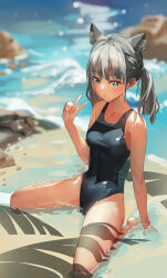 Rule 34 | 1girl, absurdres, animal ear fluff, animal ears, beach, black one-piece swimsuit, blue archive, blue eyes, blurry, breasts, competition swimsuit, covered navel, cross hair ornament, depth of field, extra ears, grey hair, hair ornament, halo, highres, looking at viewer, low ponytail, lurenkt, medium breasts, medium hair, mismatched pupils, multicolored clothes, multicolored swimsuit, official alternate costume, one-piece swimsuit, rock, shiroko (blue archive), shiroko (swimsuit) (blue archive), sitting, solo, swimsuit, v, wariza, water, wolf ears