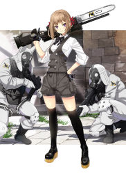 Rule 34 | 1girl, 2others, assault rifle, black gloves, black thighhighs, boots, bow, bowtie, breasts, brown hair, bulletproof vest, buttons, double-breasted, flower, gas mask, gloves, gun, hair flower, hair ornament, hand on own hip, hazmat suit, highres, holding, holding gun, holding weapon, kneeling, looking at viewer, mask, multiple others, nyoro (nyoronyoro000), on one knee, original, purple eyes, rifle, shorts, smile, sniper rifle, solo focus, thighhighs, vest, weapon
