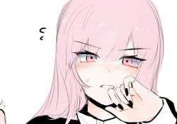 Rule 34 | 1girl, absurdres, black nails, blush, daiishori, hand on own face, highres, hololive, hololive english, looking at viewer, mori calliope, nail polish, parted lips, pink eyes, pink hair, solo, surprised, upper body, v-shaped eyebrows, virtual youtuber, white background