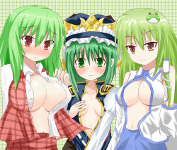 Rule 34 | 3:, 3girls, blush, breasts, cleavage, color connection, detached sleeves, efe, face, female focus, frog, green eyes, green hair, hair ornament, hat, huge breasts, kazami yuuka, kochiya sanae, large breasts, multiple girls, naughty face, no bra, open clothes, open shirt, plaid, plaid skirt, plaid vest, red eyes, shiki eiki, shirt, skirt, skirt set, snake, sweatdrop, touhou, vest, yellow eyes