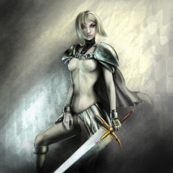 Rule 34 | 1girl, armor, blonde hair, bodysuit, breasts, cape, clare (claymore), claymore (series), claymore (sword), covered erect nipples, expressionless, from side, gloves, gradient background, greaves, grey eyes, holding, holding weapon, lips, looking at viewer, pauldrons, pteruges, short hair, shoulder armor, solo, sword, turtleneck, vambraces, weapon, white hair