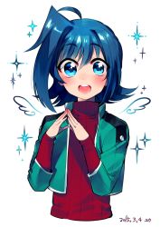 Rule 34 | 10s, 1boy, 2015, ahoge, artist name, blue eyes, blue hair, blush, cardfight!! vanguard, dated, drawn wings, fingers together, highres, male focus, matching hair/eyes, open mouth, ribbed sweater, sendou aichi, short hair, smile, solo, sparkle, sweater, wings, yuu (7862260010)