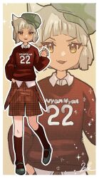 Rule 34 | 1girl, :d, animal ear fluff, animal ears, brown background, brown eyes, brown shorts, brown socks, brown sweater, cabbie hat, claw pose, clothes writing, collared shirt, dress shirt, green hat, grey footwear, grey hair, hand up, hat, highres, kneehighs, kyosuke1413koba, long sleeves, looking at viewer, nia (xenoblade), nyan, open mouth, plaid, plaid shorts, puffy long sleeves, puffy sleeves, ribbed socks, romaji text, shirt, shoes, short hair, shorts, signature, sleeves past wrists, smile, socks, solo, sparkle, standing, standing on one leg, suspender shorts, suspenders, sweater, tilted headwear, unmoving pattern, v-shaped eyebrows, white shirt, xenoblade chronicles (series), xenoblade chronicles 2, zoom layer