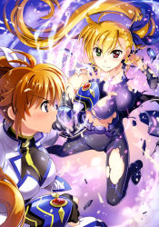 Rule 34 | 2girls, absurdres, ahoge, armor, asymmetrical hair, battle, belt, black bodysuit, black cape, black dress, black footwear, black gloves, blonde hair, blue ribbon, blue sky, blush, bodysuit, breasts, broken armor, brooch, cape, cloud, collarbone, day, dress, energy ball, eyes visible through hair, fingerless gloves, fujima takuya, gloves, gluteal fold, green eyes, hair between eyes, hair ribbon, heterochromia, highres, impossible bodysuit, impossible clothes, jacket, jewelry, jumping, large breasts, light brown hair, light particles, looking at another, lyrical nanoha, magical girl, mahou shoujo lyrical nanoha vivid, mother and daughter, multicolored clothes, multicolored dress, multiple girls, official art, open mouth, outdoors, print bodysuit, print cape, print dress, puffy sleeves, punching, purple belt, purple eyes, red brooch, red eyes, ribbon, scan, side ponytail, skindentation, sky, takamachi nanoha, torn cape, torn clothes, torn jacket, torn ribbon, vivio, waist cape, white dress, white jacket, white ribbon