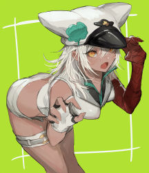 Rule 34 | 1girl, arms up, bandages, bare legs, bent over, clover, dark-skinned female, dark skin, fingerless gloves, four-leaf clover, gloves, green background, guilty gear, guilty gear strive, hair between eyes, hat, leaning forward, open mouth, orange eyes, oro (sumakaita), platinum blonde hair, ramlethal valentine, short shorts, shorts, simple background, solo, thigh strap, thighs, vest