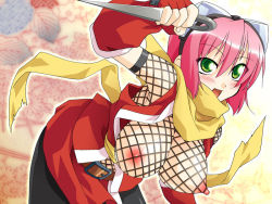 Rule 34 | belt, blush, breasts, covered erect nipples, fishnet top, fishnets, goggles, gouma reifuden izuna, green eyes, izuna (gouma reifuden izuna), kunai, large breasts, ninja, nipples, pink hair, scarf, smile, solo, weapon
