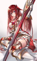 Rule 34 | 1girl, armored boots, bad id, bad twitter id, bare shoulders, blue eyes, boots, breasts, cleavage, commentary, feet, gauntlets, godsworn alexiel, gradient background, grey background, hair between eyes, hair ornament, highres, long hair, looking at viewer, miniskirt, parted lips, red hair, simple background, skirt, smile, solo, soraneko hino, sword, thighs, very long hair, weapon, white skirt