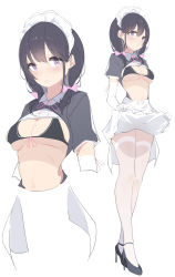 Rule 34 | 1girl, apron, apron lift, black bra, black footwear, black hair, blush, bow, bra, breasts, clothes lift, commentary request, elbow gloves, front-tie bra, gloves, grey background, hair bow, hair over shoulder, high heels, highres, lifted by self, long hair, looking at viewer, low twintails, maid, maid headdress, medium breasts, mole, mole on breast, multiple views, neck ribbon, original, pink bow, pink ribbon, purple eyes, ribbon, shrug (clothing), simple background, standing, thighhighs, twintails, underwear, unimon e, waist apron, white apron, white gloves, white thighhighs