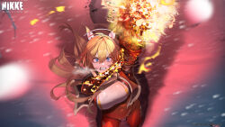Rule 34 | 1girl, absurdres, artist request, black jacket, blonde hair, blue eyes, bodysuit, burning, clenched teeth, crying, crying with eyes open, dirty, dirty face, exposed muscle, fire, from above, frown, goddess of victory: nikke, highres, hood, hoodie, jacket, long hair, official art, official wallpaper, orange bodysuit, second-party source, snow, snowing, solo, standing, tears, teeth, tove (nikke), watermark
