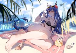 Rule 34 | 1girl, arknights, bare arms, bare legs, bare shoulders, barefoot, beach towel, bikini, black bikini, blue hair, blue sky, boat, breasts, ch&#039;en (arknights), ch&#039;en the holungday (arknights), ch&#039;en the holungday (elite ii) (arknights), chinese commentary, cloud, commentary request, conch, day, dragon horns, dragon tail, eyewear on head, flower, front-tie bikini top, front-tie top, hair between eyes, hair flower, hair ornament, highres, horns, innertube, large breasts, long hair, looking at viewer, outdoors, red eyes, red flower, si san jiu jiu (zephov), sky, solo, stomach, sunglasses, swim ring, swimsuit, tail, thighs, towel, watercraft