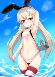 Rule 34 | 10s, 1girl, :o, anchor hair ornament, animal ears, arm at side, arm behind back, arm up, armpits, bad id, bad pixiv id, bare shoulders, black one-piece swimsuit, black ribbon, blonde hair, blue sky, blush, breasts, brown eyes, cloud, covered erect nipples, cowboy shot, day, fake animal ears, groin, hair between eyes, hair ornament, hair ribbon, hairband, horizontal-striped legwear, kantai collection, legs together, long hair, looking at viewer, midriff, myuu (arisumeria), navel, one-piece swimsuit, outdoors, parted lips, rabbit ears, ribbon, shimakaze (kancolle), sidelocks, skindentation, sky, slingshot swimsuit, small breasts, solo, splashing, stomach, striped clothes, striped thighhighs, swimsuit, thighhighs, very long hair, wading, water, water drop, wet