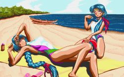 Rule 34 | 1990s (style), 2girls, barefoot, beach, beach towel, blue hair, boat, bow, braid, casual one-piece swimsuit, cloud, day, dithering, dual persona, facial mark, feet, forehead mark, hair bow, hand to head, happy, kneeling, long hair, lying, masaki sasami jurai, multiple girls, one-piece swimsuit, outdoors, pc-98 (style), pink eyes, pixel art, retro artstyle, sand, sky, smile, spiked hair, sunglasses, swimsuit, tenchi muyou!, tongue, tongue out, towel, tsunami (tenchi muyou!), very long hair, water, watercraft, waves