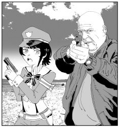 Rule 34 | 1boy, 1girl, absurdres, bald, breaking bad, greyscale, gun, hank schrader, hat, highres, holding, holding gun, holding weapon, hololive, jewelry, midriff, monochrome, navel, official alternate costume, oozora subaru, oozora subaru (work), outdoors, police hat, ring, shirt, short hair, striped clothes, striped shirt, vertical-striped clothes, vertical-striped shirt, virtual youtuber, watch, weapon, xyanaid