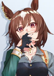Rule 34 | 1girl, absurdres, animal ears, arm out of sleeve, blush, breasts, brown hair, cleavage, collarbone, collared shirt, commentary request, covering own mouth, ear ornament, green jacket, grey shirt, grin, hand over own mouth, hand up, head tilt, highres, horse ears, jacket, kento (kentdrawing), long hair, long sleeves, looking at viewer, medium breasts, pendant choker, red eyes, shadow, shirt, sirius symboli (umamusume), smile, solo, umamusume, upper body