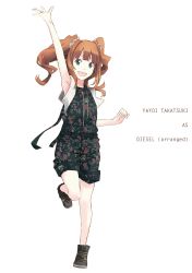 Rule 34 | 1girl, \||/, arm up, belt, black footwear, brown hair, character name, commentary request, english text, fashion, floral print, flower, full body, green eyes, hair flower, hair ornament, highres, idolmaster, idolmaster (classic), romper, shoes, sidelocks, simple background, sleeveless, solo, standing, standing on one leg, takatsuki yayoi, twintails, white background, yoshito