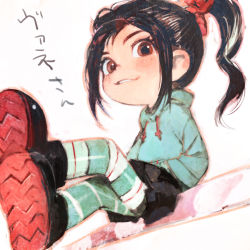 Rule 34 | 1girl, animification, black hair, brown eyes, candy, food, hands in pockets, hood, hoodie, looking at viewer, pantyhose, ponytail, skirt, smile, solo, striped clothes, striped pantyhose, toi8, vanellope von schweetz, wreck-it ralph