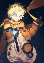 Rule 34 | 1boy, absurdres, bad id, bad pixiv id, baggy clothes, blonde hair, blue eyes, bright pupils, cowboy shot, crying, crying with eyes open, fate/grand order, fate/requiem, fate (series), gloves, glowing, goggles, goggles on head, highres, male focus, parted bangs, sky, smile, sobbing, solo, space, spacesuit, star (sky), star (symbol), starry background, starry sky, tears, upper body, user smjs4288, voyager (fate), voyager (third ascension) (fate)