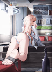 Rule 34 | 1girl, absurdres, alternate costume, ass, bare legs, barefoot, bed, bedroom, black-framed eyewear, blonde hair, closed mouth, di le to, feet, from behind, girls&#039; frontline, glasses, highres, indoors, long hair, long sleeves, looking at viewer, looking back, on bed, panties, profile, red eyes, shirt, soles, solo, thighs, toes, type 80 (girls&#039; frontline), underwear, white panties, white shirt