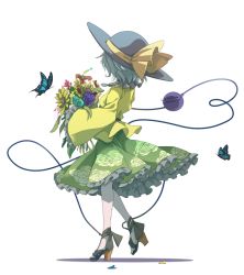 Rule 34 | 1girl, black hat, blouse, blue butterfly, blue flower, blue rose, bouquet, bow, bug, butterfly, collared shirt, commentary request, eyeball, eyelashes, facing away, floral print, flower, frilled shirt collar, frilled skirt, frilled sleeves, frills, from side, green skirt, hat, hat bow, hat ribbon, heart, heart of string, high heels, holding, holding bouquet, holding flower, insect, komeiji koishi, long sleeves, looking away, making-of available, medium hair, plant, print skirt, ribbon, rose, rose print, shirt, silver hair, skirt, sky, solo, standing, string, sunflower, tami (joemanyodw), third eye, touhou, wavy hair, wide sleeves, yellow bow, yellow flower, yellow ribbon, yellow shirt