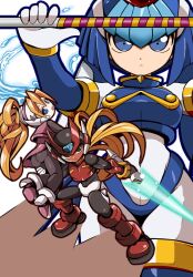 1boy 2girls armor black_bodysuit black_eyes blonde_hair blue_armor blue_eyes blue_helmet bodysuit breasts ciel_(mega_man) cropped_shirt fairy_leviathan_(mega_man) forehead_jewel helmet high-waist_skirt high_ponytail holding holding_polearm holding_sword holding_weapon kobawan_dam long_hair medium_breasts mega_man_(series) mega_man_zero_(series) multiple_girls pink_shirt pink_skirt polearm red_armor red_helmet shirt skirt sword weapon zero(z)_(mega_man) zero_(mega_man)