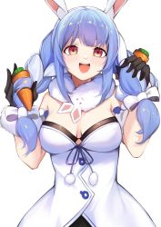 Rule 34 | 1girl, :d, animal ear fluff, animal ears, bad id, bad pixiv id, bare shoulders, black gloves, blue hair, blush, braid, breasts, carrot, carrot hair ornament, commentary request, food, food-themed hair ornament, gloves, hair ornament, hands up, highres, holding, holding hair, hololive, kyuu (chiu850513), long hair, looking at viewer, medium breasts, multicolored hair, open mouth, rabbit ears, rabbit girl, red eyes, scarf, simple background, smile, solo, teeth, thick eyebrows, twin braids, two-tone hair, upper body, upper teeth only, usada pekora, usada pekora (1st costume), virtual youtuber, white background, white hair