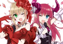 Rule 34 | 10s, 2girls, ;d, azusa (sarie303030), bad id, bad pixiv id, blonde hair, blue eyes, bow, elizabeth bathory (fate), elizabeth bathory (fate/extra ccc), elizabeth bathory (second ascension) (fate), fate/extra, fate/extra ccc, fate (series), green eyes, hair bow, horns, idol, microphone, multiple girls, music, nero claudius (fate), nero claudius (fate) (all), nero claudius (fate/extra), official alternate costume, one eye closed, open mouth, pink hair, pointy ears, shirako miso, singing, smile, two side up