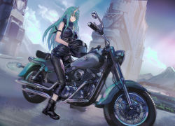 Rule 34 | 1girl, ankle boots, arknights, arm ribbon, bad id, bad pixiv id, bare arms, bare shoulders, black footwear, black gloves, black pants, black ribbon, black shirt, blue sky, boots, breasts, cloud, commentary request, denki, dutch angle, gloves, green eyes, green hair, helmet, high collar, holding, holding helmet, horns, hoshiguma (arknights), large breasts, long hair, looking at viewer, motor vehicle, motorcycle, motorcycle helmet, outdoors, pants, revision, ribbon, shirt, single horn, sky, sleeveless, sleeveless shirt, smile, solo