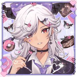 Rule 34 | 1boy, animal ears, black choker, black jacket, blush, border, bow, cake, candy, character hair ornament, chocolate, choker, collared shirt, commentary request, cyno (genshin impact), dark-skinned male, dark skin, doughnut, earrings, eyes visible through hair, facial mark, fake animal ears, food, genshin impact, hair bow, hair ornament, hair over one eye, hairclip, hand up, head tilt, heart, holding, holding candy, holding food, holding lollipop, jacket, jewelry, kuromi, lapels, lightning bolt symbol, lollipop, long hair, long sleeves, looking at viewer, male focus, multicolored background, necktie, onegai my melody, open clothes, open jacket, parted bangs, parted lips, purple background, purple bow, purple necktie, red eyes, sanrio, shirt, sidelocks, single earring, skull hair ornament, solo, sparkle, swept bangs, swiss roll, upper body, watermark, white border, white hair, white shirt, x hair ornament, xiaoquantaohua