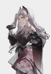 Rule 34 | 1girl, absurdres, arknights, black dress, black gloves, chinese commentary, commentary request, cowboy shot, dress, earrings, feijiu, finger on trigger, gloves, grey background, grey dress, grey eyes, grey hair, gun, hand up, handgun, highres, holding, holding gun, holding weapon, irene (arknights), jewelry, long hair, long sleeves, looking ahead, making-of available, multicolored hair, parted lips, pink dress, pink eyes, pink hair, rapier, scar, scar across eye, serious, simple background, solo, standing, streaked hair, sword, weapon