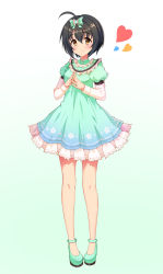 Rule 34 | 1girl, ahoge, bad id, bad pixiv id, bare legs, black hair, blush, bow, closed mouth, dress, frilled shirt collar, frills, full body, gradient background, gradient clothes, green bow, green footwear, hair bow, heart, highres, idolmaster, idolmaster cinderella girls, kohinata miho, layered dress, layered sleeves, looking at viewer, onumi, orange eyes, own hands together, pigeon-toed, puffy short sleeves, puffy sleeves, shoes, short hair, short sleeves, smile, solo, standing, tareme