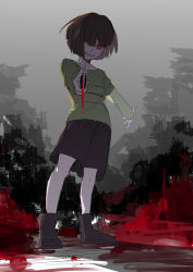 Rule 34 | androgynous, bare legs, black footwear, black shorts, blood, blood splatter, brown hair, chara (undertale), dagger, gender request, green shirt, grey background, grin, highres, holding, holding weapon, knife, knife in hand, open mouth, red eyes, sakaegutikunn, shirt, shoes, short hair, shorts, smile, splatter, teeth, undertale, weapon