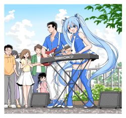 Rule 34 | abe takakazu, bare shoulders, blue eyes, blue hair, blue shirt, blue thighhighs, child, crossover, crowd, day, fence, guitar, hair ribbon, hatsune miku, headphones, headset, highres, instrument, kuso miso technique, light blue hair, long hair, miniskirt, music, necktie, open mouth, outdoors, pants, plant, playing instrument, pleated skirt, pocari sweat, ribbon, shirt, shoes, shoulder tattoo, skirt, sleeveless, sleeveless shirt, smile, sneakers, speaker, tattoo, thighhighs, tree, tsugumi (aya-3326), twintails, very long hair, vocaloid, white neckwear, white pants, white skirt, yamaha dx7