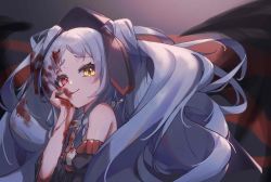 Rule 34 | 1girl, blood, blood on face, blue hair, chucolala, enfer mirei, heterochromia, highres, licking lips, mosoukeito, pale skin, red eyes, tongue, tongue out, twintails, virtual youtuber, yellow eyes