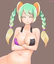 Rule 34 | 1girl, artist name, bad id, bad pixiv id, blonde hair, braid, breasts, brown background, closed eyes, colored eyelashes, crossed arms, frown, goyain, gradient hair, green hair, large breasts, league of legends, long hair, multicolored hair, navel, simple background, solo, sona (league of legends), twin braids, twintails