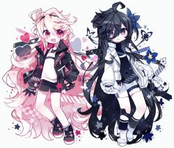Rule 34 | 2girls, :d, absurdly long hair, ahoge, alternate costume, black footwear, black gloves, black hair, black hairband, black jacket, black legwear, black shirt, black shorts, blue flower, boots, bug, butterfly, closed mouth, elsword, eternity winner (elsword), flower, g ieep, gloves, grey background, hair between eyes, hair flower, hair ornament, hairband, half gloves, hand on own hip, heart, insect, jacket, laby (elsword), long hair, long sleeves, messy hair, multiple girls, nisha (elsword), nisha labyrinth (elsword), open clothes, open jacket, open mouth, pink hair, puffy long sleeves, puffy sleeves, red eyes, shirt, short shorts, shorts, sleeves past wrists, smile, socks, very long hair, white flower, white footwear, white gloves, white jacket, white shirt, white shorts