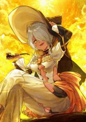 Rule 34 | 1girl, :d, breasts, brooch, cleavage, clothing cutout, crossed legs, frankincense (pixiv fantasia age of starlight), grey hair, hair over one eye, hand on headwear, hat, highres, jewelry, long sleeves, looking at viewer, navel, nekogu rui, open mouth, outdoors, pixiv fantasia, pixiv fantasia age of starlight, side cutout, sidelocks, sitting, smile, smoking pipe, witch hat, yellow background, yellow eyes