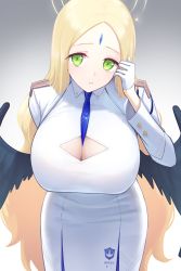 Rule 34 | 1girl, absurdres, aoi riko, ayumu (blue archive), between breasts, black wings, blonde hair, blue archive, blue necktie, breasts, cleavage, cleavage cutout, clothing cutout, dress, feathered wings, forehead, forehead jewel, gloves, gradient background, green eyes, halo, highres, large breasts, long hair, looking at viewer, necktie, necktie between breasts, parted lips, simple background, solo, white dress, white gloves, wings