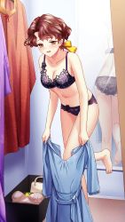 Rule 34 | 1girl, barefoot, black bra, black panties, bow, bra, breasts, brown eyes, brown hair, cleavage, collarbone, doukyuusei, doukyuusei another world, dressing, game cg, hair bow, holding, looking at viewer, medium breasts, mirror, official art, open mouth, panties, shingyouji reiko, short hair, solo, standing, standing on one leg, underwear, underwear only, wavy mouth, yellow bow