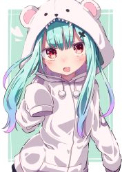 Rule 34 | 1girl, :d, absurdres, animal ears, animal hood, bear ears, bear hood, black skirt, blue hair, blush, butterfly hair ornament, commentary request, fake animal ears, fang, gradient hair, green background, green hair, hair between eyes, hair ornament, hand up, heart, highres, hololive, hood, hood up, hooded jacket, jacket, long sleeves, looking at viewer, multicolored hair, okota mikan, open mouth, pleated skirt, purple hair, red eyes, skirt, sleeves past fingers, sleeves past wrists, smile, solo, two-tone background, uruha rushia, uruha rushia (school uniform), virtual youtuber, white background, white jacket