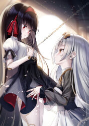 Rule 34 | 2girls, black hair, black shirt, black skirt, blurry, blurry background, bow, breasts, brown bow, brown eyes, chain, commentary request, commission, depth of field, doll joints, grey hair, hair bow, hairband, highres, joints, long hair, long sleeves, multiple girls, original, pixiv commission, pleated skirt, puffy long sleeves, puffy short sleeves, puffy sleeves, red bow, red eyes, red hairband, see-through, see-through sleeves, shirt, short sleeves, skirt, small breasts, very long hair, white shirt, white skirt, yan (nicknikg), yuri