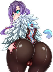 Rule 34 | 10s, 1girl, ass, blade &amp; soul, blue eyes, blush, bodysuit, bow, cameltoe, cleft of venus, cosplay, fat mons, feathers, from behind, hair bow, heart, heart-shaped pupils, highres, huge ass, leaning, leaning forward, long hair, looking at viewer, love live!, love live! school idol project, purple hair, simple background, smile, solo, standing, symbol-shaped pupils, tojo nozomi, white background, xiaoking